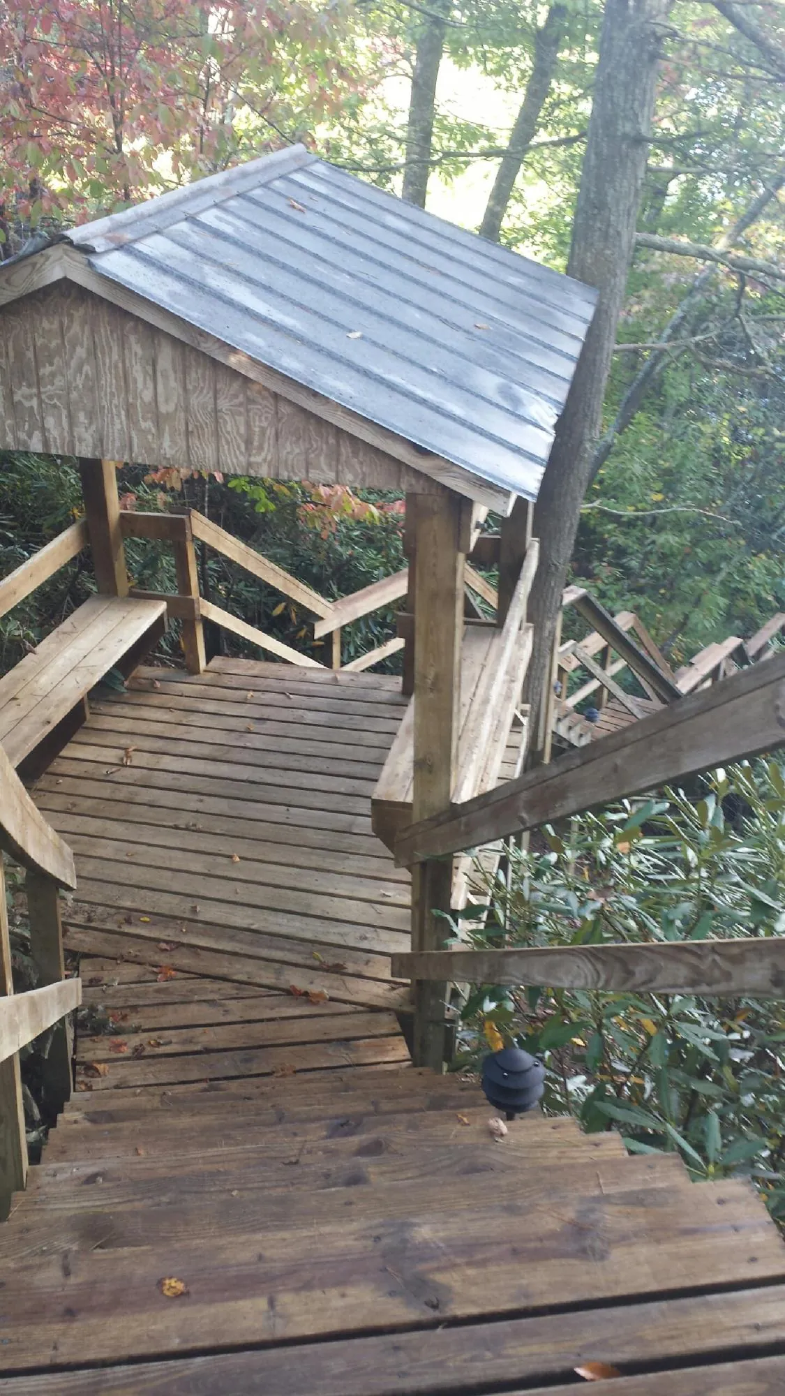 Metal roofed shelter over wooden steps on a wooded walkway — Skylight Repair & Installation work by our crew in Neola